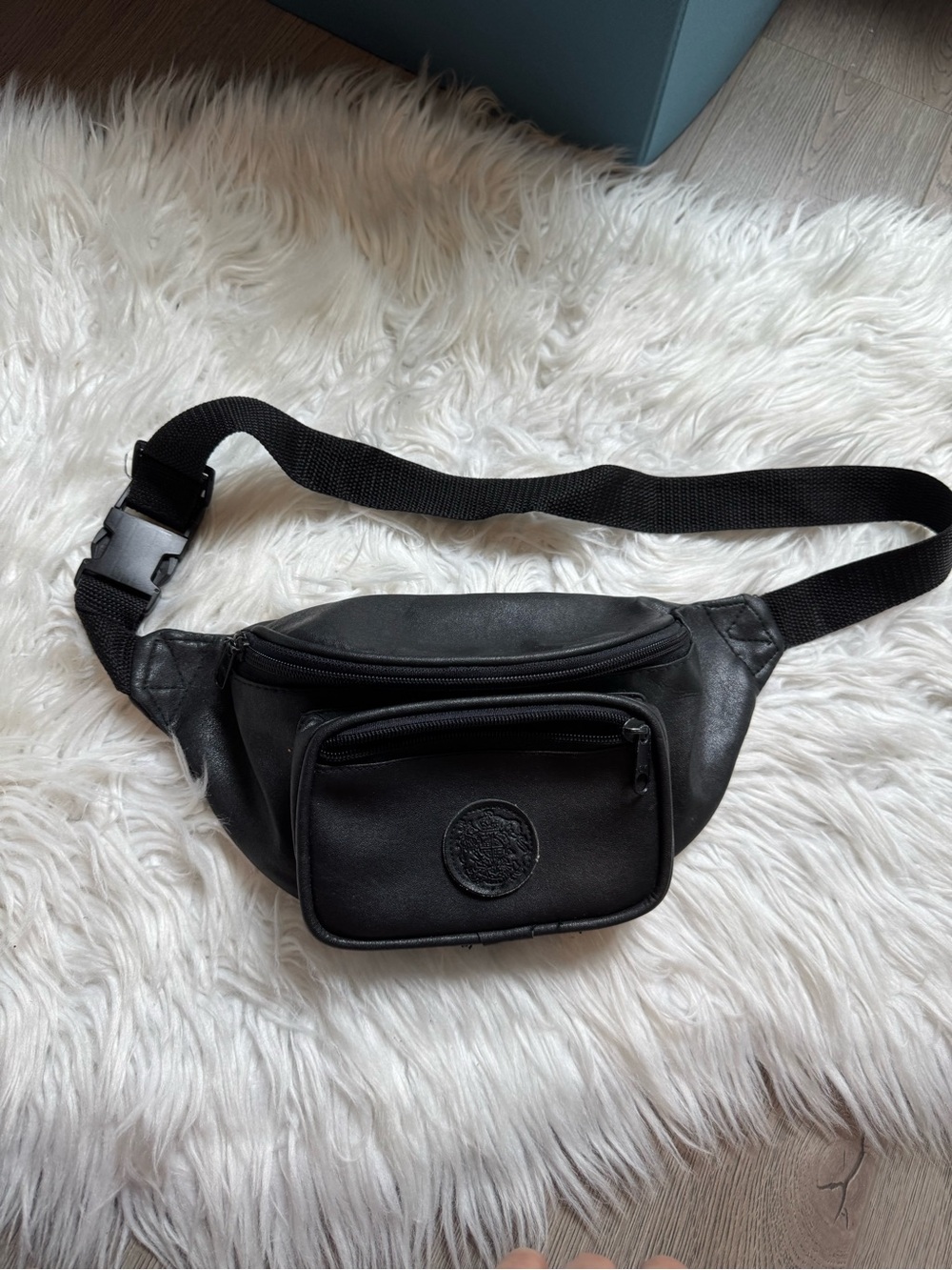 Vintage Black Genuine Leather Fanny Pack Belt Bag with Crest Medallion